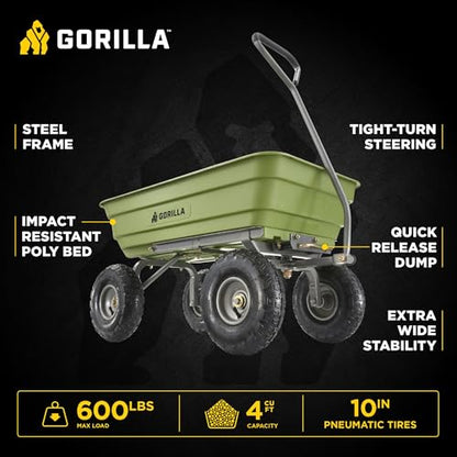 Gorilla Carts 600-Pound Capacity Heavy Duty Poly Yard Garden Steel Quick Dump Utility Wheelbarrow Wagon Cart with Straight Pull Handle, Green, Model GOR4G-COM - size: 4-Cubic Feet, style: Pneumatic-Green