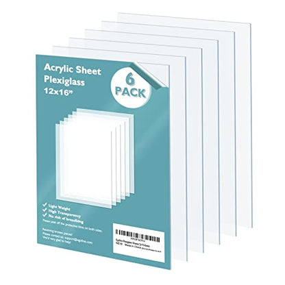 Egofine Plexiglass Sheets 6 Pack of 12x16’’ 0.04 Thick Clear Plastic Cast Transparent Plexi Glass Acrylic Sheets for Crafting Projects, Replacement Picture Frame Glass, DIY Display, Easy to Cut - color: Clear, size: 12x16"