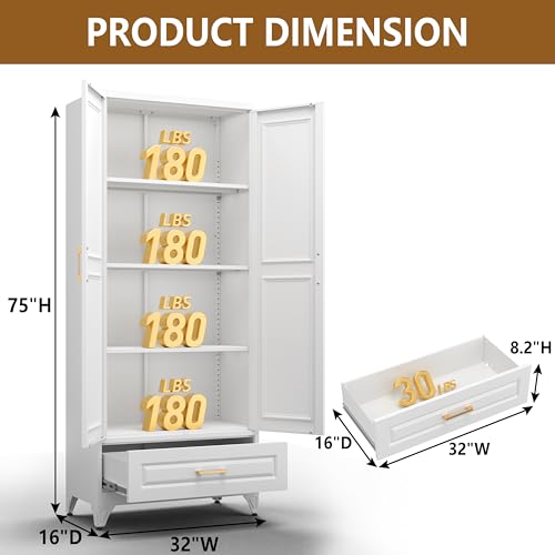 Polup 75" Metal Storage Cabinet, Tall Kitchen Pantry Cabinet with 1 Drawer - color: White, size: 75"H - 1 Drawer