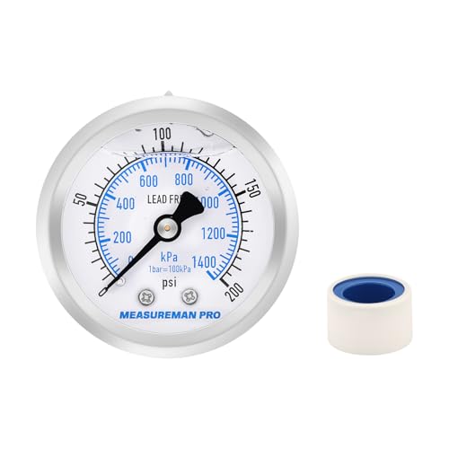MEASUREMAN PRO 2" Dial Size, Glycerin Filled Pressure Gauge, 0-200psi/kpa, 304 Stainless Steel Case, 1/4" NPT Back Mount,for Air Compressor, Shock, Water System, Well Pump, Tank, Pipe, Pressure Test - size: 2'' (Back Mount), style: 0-200 psi