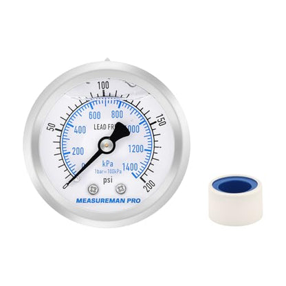 MEASUREMAN PRO 2" Dial Size, Glycerin Filled Pressure Gauge, 0-200psi/kpa, 304 Stainless Steel Case, 1/4" NPT Back Mount,for Air Compressor, Shock, Water System, Well Pump, Tank, Pipe, Pressure Test - size: 2'' (Back Mount), style: 0-200 psi