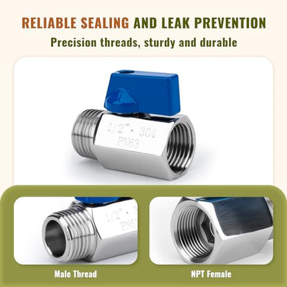 2 Pack 1/2" Mini Ball Valve, 304 Stainless Steel Valve NPT Female x Male Thread Shut-Off Valves for Small Compact Space (2, 1/2 Inch) - size: 1/2 Inch
