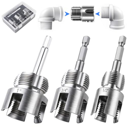 Valkynos 3PCS Internal & External Pipe Threading Tool, 1/2'' 3/4'' 1'' PVC Pipe Threader Kit with Storage Case, Heavy-Duty Alloy Steel, Electric Drill Compatible for Plumbing and Home Repair - size: 1"+1/2"+3/4"