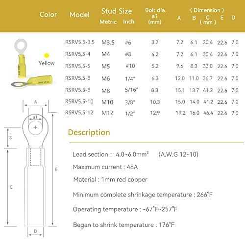 HKS 50 PCS Ring Terminals #6 Yellow 12-10 AWG - M3.5 - Electrical Connectors - Heat Shrink Wire Connector Kit - Tinned Red Copper - Automotive Marine Ring Connectors - Waterproof and Insulated - color: Yellow, size: #6 (M3.5)