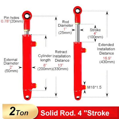 1.5x4 Hydraulic Cylinder 2 Ton Double Acting Welded Hydraulic Cylinder 1.5" Bore x 4" Stroke with 3/8" JIC 37°(9/16"-18 Thread) Hydraulic End Connectors Maximum Thrust Force 4410lbs