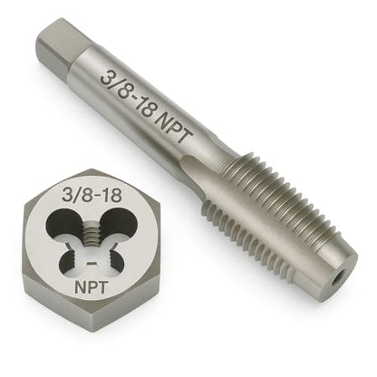 3/8"-18 NPT Tap and Die Set – GCr15 Alloy Steel Pipe Thread Tap and Hex Die Combo, Taper Thread Repair Tool for Conical Pipe Fittings - size: 3/8"-18