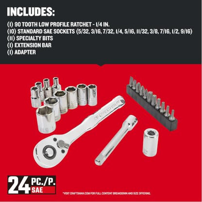 CRAFTSMAN Mechanics Tool Set, 24 Piece, 1/4 Inch Drive SAE, 90-Tooth (CMMT12109LZ) - style: NEW SAE Set