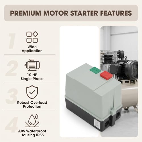 Magnetic Electric Motor Starter, IP55 ABS Enclosure 10 Single Phase 220/230V 23-32A with On/Off Switch for Air Compressor Heavy Duty Start Stop Control