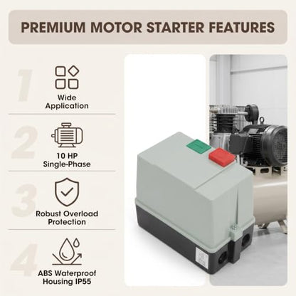 Magnetic Electric Motor Starter, IP55 ABS Enclosure 10 Single Phase 220/230V 23-32A with On/Off Switch for Air Compressor Heavy Duty Start Stop Control