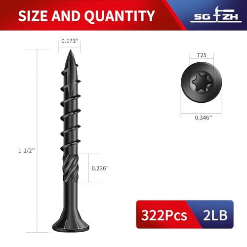 #8 x 1-1/2" Deck Screws (322Pcs) 2lb. Carbon Steel, Black, Flat Head, Rust Resistant epoxy Coated, with T25 Star Bit - color: Black, size: #8 x 1-1/2"