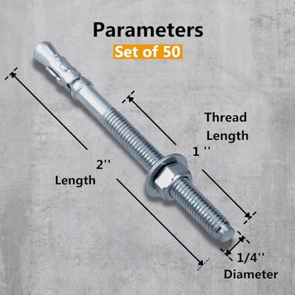 Party Animals 1/4 x 2 Inch Wedge Anchor, 50 PCs Zinc-Plated Industrial Anchor Bolts for Cement, Concrete - size: 1/4 x 2"