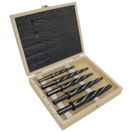 Drill America KFDRBSS5PC-SET 5 Piece HSS Bridge/Construction Reamer Set with Wooden Case, Black & Gold Finish, 1/2" Round Shank, Spiral Flute - size: Set