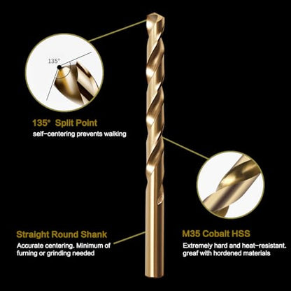 3/16" Cobalt Drill Bit Set (10Pcs), M35 HSS, 135 Degree Tip, Twist Jobber Length for Hardened Metal, Stainless Steel, Cast Iron, Wood, and Plastics, with Index Storage Case - style: 3/16-10pcs Cobalt Drill