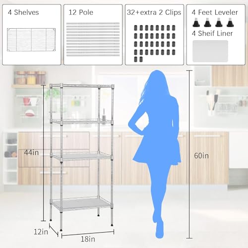 Meet perfect 4-Tier Wire Shelving Unit, 600 lb, 18x12x44 in, Chrome - color: Chrome, size: 4-Tier, 44"H × 18"W × 12"D