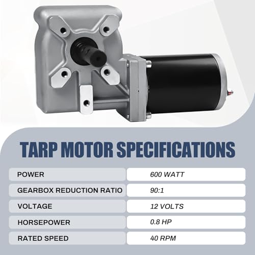 600W 90:1 0.8HP Electric Tarp Motor for Dump Trucks up to 28' Length, Universal Tipper Truck Canopy Motor for Dump Truck Tarp System with Chrome Housing Cover- 12V DC, 40RPM(+/-5RPM)- 5 Years Warranty - size: 600w 90:1