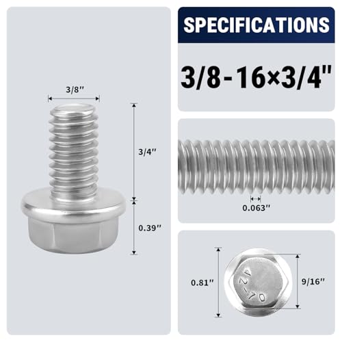 3/8-16 x 3/4" Flange Hex Bolts, 304 Stainless Steel 18-8, A2-70 Grade, Non-Serrated Flange Bolts for Automotive Repair, Fully Threaded, 10 Pcs - size: 3/8-16 x 3/4