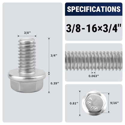 3/8-16 x 3/4" Flange Hex Bolts, 304 Stainless Steel 18-8, A2-70 Grade, Non-Serrated Flange Bolts for Automotive Repair, Fully Threaded, 10 Pcs - size: 3/8-16 x 3/4