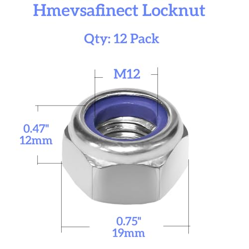 Nylon Insert Locknuts,12 Pack M12 x 1.75mm 304 Stainless Steel A2-70 Lock Nuts,Standard Metric Thread Nylock Nuts for Bolts (12pcs M12)
