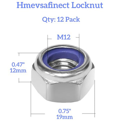 Nylon Insert Locknuts,12 Pack M12 x 1.75mm 304 Stainless Steel A2-70 Lock Nuts,Standard Metric Thread Nylock Nuts for Bolts (12pcs M12)