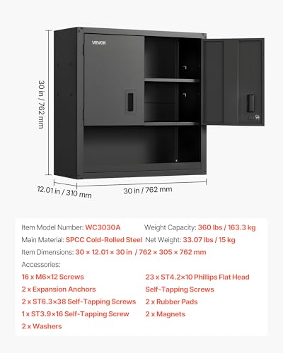 VEVOR Metal Wall Cabinet, 30W x 12.01D x 30H Inch, Steel Floating Hanging Storage Cabinet with Locking Doors and Adjustable Shelf for Garage, Basement, Kitchen, Warehouse Assembly Required, Black - size: Foldable 30" Open Grid