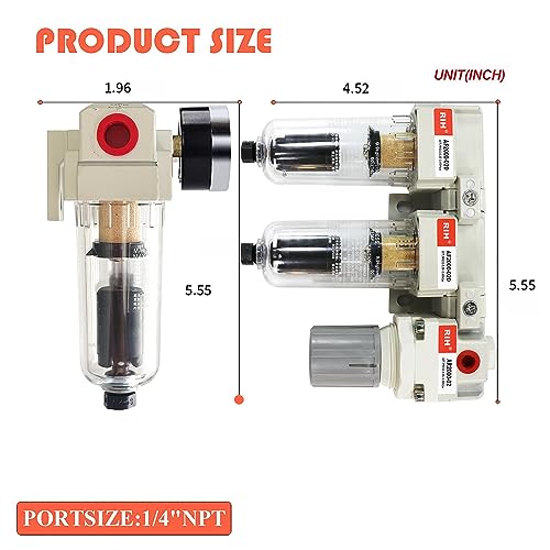 RIH Pneumatics 1/4'' NPT Auto Drain Compressed Air Double Filter & Regulator, Air Compressor Water Separator, Auto Drain, Poly Bowl,0-150 psi Gauge, 5 Micron Brass Element AC2110-02D(1/4 NPT) - size: 1/4'' NPT Auto Drain