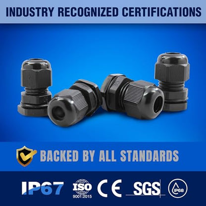 New Age America® 50pcs PG Cable Glands Kit KableLock™ | PG7 - PG19 | Black | Nylon Cord Grip Strain Relief | Adjustable Locknut Cable Connectors | IP68 Waterproof | PG7, PG9, PG11, PG13.5, PG16, PG19 - size: 50 PCS | PG7 - PG19