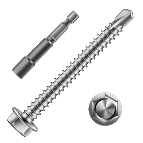 #8 x 2 Inch Self Drilling Screws (108Pcs) Hex Washer Head 410 Stainless Steel Self Tapping Screws for Metal Sheet Metal Screws with Hex Socket Included - color: Silver, size: #8 x 2"