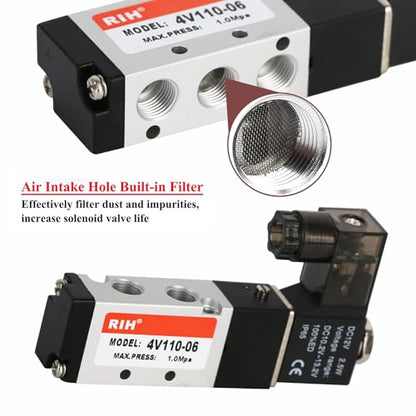 RIH Pneumatics Solenoid Valve 4V110-06 12V/24V/110V Series Single Coil Pilot-Operated Electric 2 Position 5 Way Connection Type (DC12V/Junction Box, 1/8"NPT) - size: DC12V/Junction Box, style: 1/8"NPT