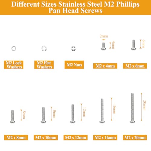 705 Pieces M2 Machine Screws Nuts Washers Set, Sutemribor M2 x 4/6/8/10/12/16/20mm Phillips Pan Head Machine Screws Nuts Washers Assortment Kit, 304 Stainless Steel, Fully Threaded - size: M2 Screws Kit, style: Phillips Pan Head