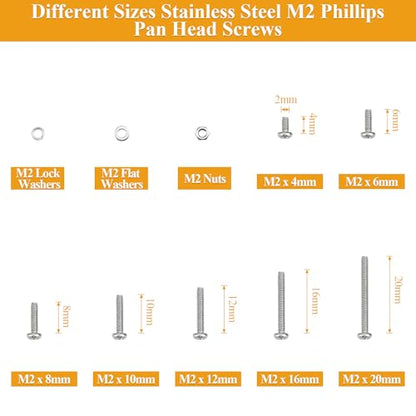 705 Pieces M2 Machine Screws Nuts Washers Set, Sutemribor M2 x 4/6/8/10/12/16/20mm Phillips Pan Head Machine Screws Nuts Washers Assortment Kit, 304 Stainless Steel, Fully Threaded - size: M2 Screws Kit, style: Phillips Pan Head