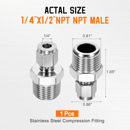 1/4"OD Compression x 1/2" NPT Male Union Coupling Connector - size: 1/4"ODx1/2" MNPT