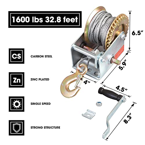 Torin Heavy‑Duty Hand Winch, 1600 Lbs Pull Capacity, 32.8ft Steel Wire Cable, Silver Manual Crank Winch for Boat, ATV, Trailer Towing - size: 1600 lbs, style: Steel Cable