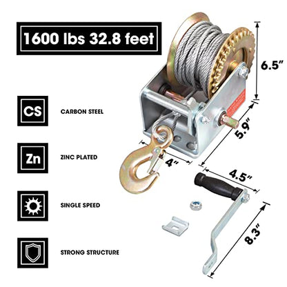 Torin Heavy‑Duty Hand Winch, 1600 Lbs Pull Capacity, 32.8ft Steel Wire Cable, Silver Manual Crank Winch for Boat, ATV, Trailer Towing - size: 1600 lbs, style: Steel Cable