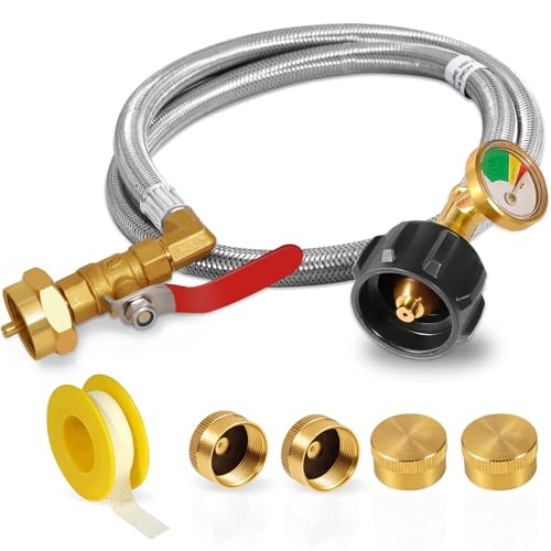 Propane Adapter for 1 lb. Tanks with Tank Gauge & Control Valve, 3 FT Propane Refill Stainless Steel Hose with 4 Bottle Caps, Fill 1 Pound Bottles from 5-40lb Tank