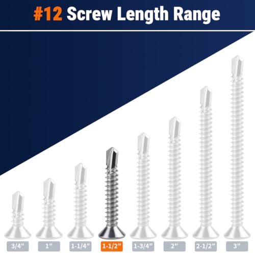 #12 x 1-1/2" Phillips Flat Head Sheet Metal Screws, Stainless Steel 410 Self Drilling Screws for Metal, Countersunk Head, Phillips Drive, Self Tapping, 50 Pack - size: #12 x 1-1/2"