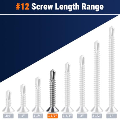 #12 x 1-1/2" Phillips Flat Head Sheet Metal Screws, Stainless Steel 410 Self Drilling Screws for Metal, Countersunk Head, Phillips Drive, Self Tapping, 50 Pack - size: #12 x 1-1/2"
