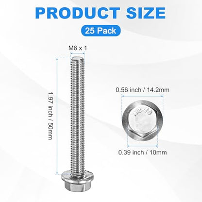 M METERXITY 25 Pack Flanged Hex Head Bolts, M6 x 50mm 304 Stainless Steel External Hex Drive Screws, Metric Fully Threaded Screw for Furniture Car DIY Project [Silver Tone] - size: M6 x 50mm