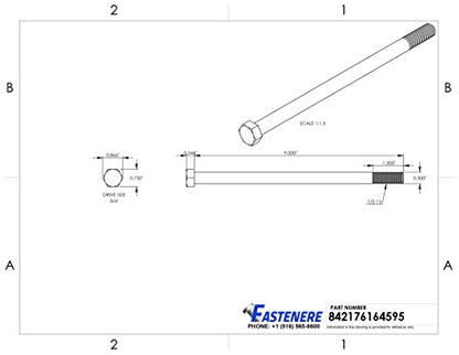 1/2-13 x 9 Hex Head Cap Screw Bolts, External Hex Drive, Stainless Steel 304, Partially Threaded, Stainless Steel, Quantity 5 By Fastenere - size: 1/2-13 x 9 Inch (5 Pack)