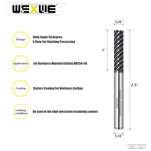 Tools Carbide End Mills,6 Flute Square Milling Cutter，High Helix Angle for High Hardness Steel Finshing Milling Processing - 1/4 Shank (1/4-2.5" 1PCS) - size: 1/4-1-2.5" 6F 1PC