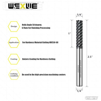 Tools Carbide End Mills,6 Flute Square Milling Cutter，High Helix Angle for High Hardness Steel Finshing Milling Processing - 1/4 Shank (1/4-2.5" 1PCS) - size: 1/4-1-2.5" 6F 1PC