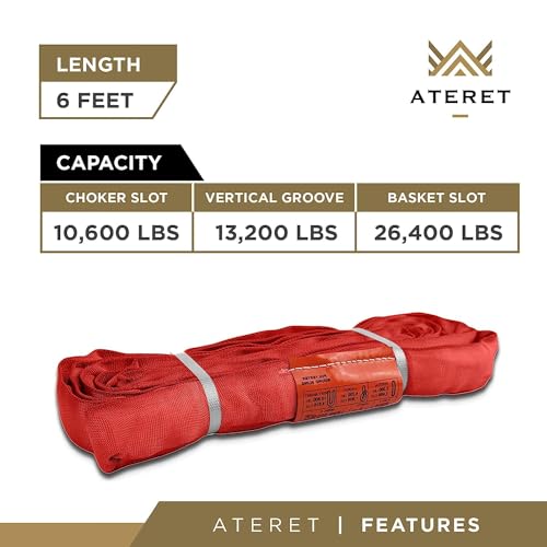 ATERET Powerlift Red Polyester Endless Round Sling - 6 Feet Length, 13,200 lb. Vertical Capacity, 26,400 lbs Basket - Heavy Duty Poly Lifting Sling - color: 05 Red - Vertical Capacity 13,200 lbs, size: 6FT