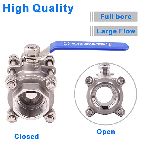 DERNORD Ball Valve 1.5 Inch NPT Threaded - Stainless Steel 304 Female 3 Piece Full Port (1.5" NPT Female) - size: 1.5" NPT Female