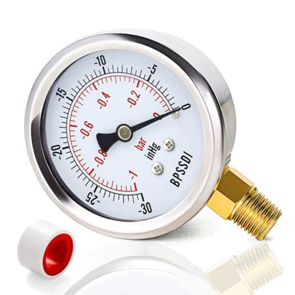 30inHg Vacuum Pressure Gauge, Water Pressure Gauge, 2.5" Dial Size, 1/8" NPT Lower Mount, 304 Stainless Steel Case, for Pneumatic Air Compressor RV Regulator Valve Test(with Tape) - size: -15-0 psi, style: Lower Mount(1/8" NPT)