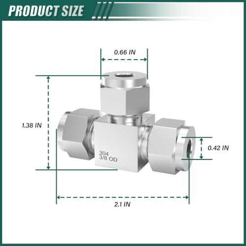 3PCS 304 stainless Steel Compression Tee Adapter, 3/8" Tube OD - size: 3/8" OD (3-Pack)