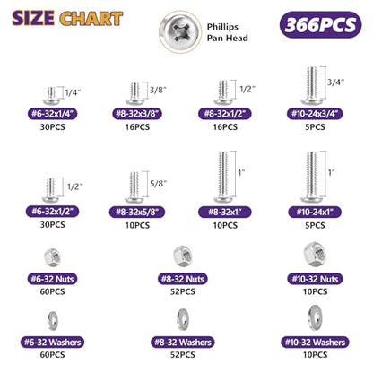 366Pcs #6-32#8-32#10-24 Machine Screw Kit 304 SS, Nuts & Washers - size: #6-32#8-32#10-24