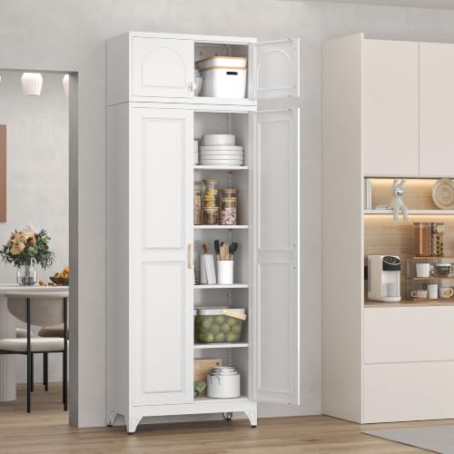 90" Tall Pantry Cabinet, Metal Storage Cabinet with Doors, White - color: White, size: 90"H-Square with arch hutch
