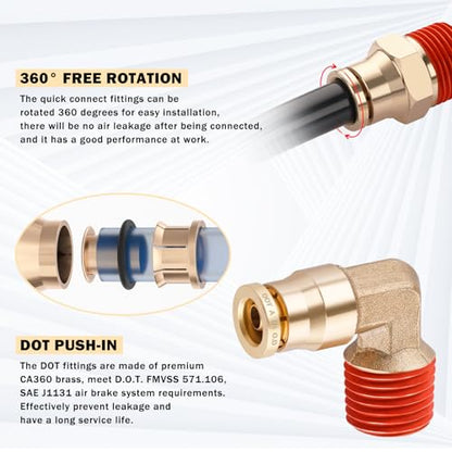 CheeMuii 76 Pcs Brass DOT Air Line Fittings with 1/4" & 3/8" DOT Air Hoses - size: 2ROLL-80PCS-RED