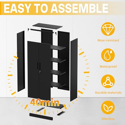 Metal Storage Cabinet with 2 Doors and 4 Adjustable Shelves, 71" Garage Storage Cabinet with Anti-Tipping Design, Lockable Garage Cabinets for Office, Home, Garage, Gym, School - size: 70.87"H x 15.75"D x 31.5"W