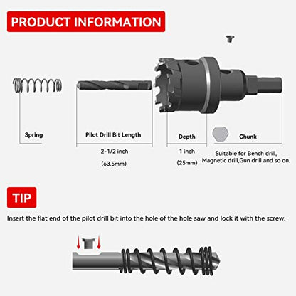 7/8" (22mm) Tungsten Carbide Tipped Hole Saw with 2Pcs Titanium-Plated Pilot Drill Bits for Hard Metal,Stainless Steel,Iron,Aluminum Alloy,Wood and Plastic - size: 22mm | 7/8"
