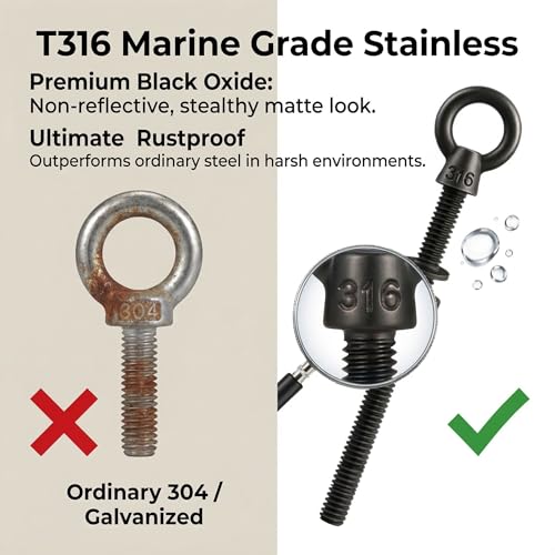 5 Pack Long Black Eye Bolts 1/4" x 4 Inch with Nuts & Washers, Heavy Duty T316 Stainless Steel Threaded Shoulder Eye Bolt, Marine Grade Rustproof Eyebolts for Metal & Thick Wood - size: 1/4'' x 4inch